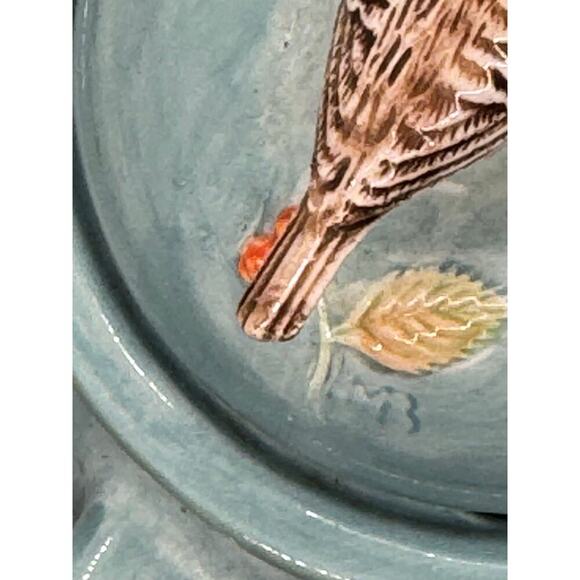 Marjolein Bastin Teapot Bird & Berries Hallmark Signed Blue with Green Stripes - Picture 9 of 12